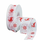 Organza lint 25 mm breed wit met rood kerst opdruk