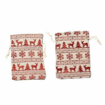 Katoenen zakjes kerst print rood metalic