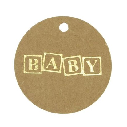 Label kraft rond met gouden babyblokken 10 stuks.