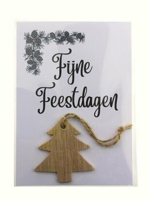 Kaart fijne feestdagen met houten hanger