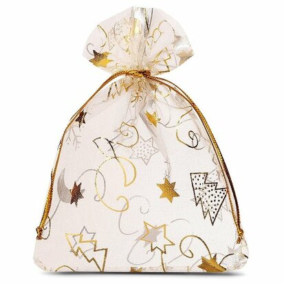 Organza zakjes kerst ivoor met gouden ster maan kerstboom 9 x 12 cm