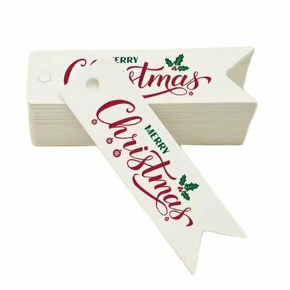 Kerst label vaantje wit Merry christmas 2 x 7 cm 10 stuks