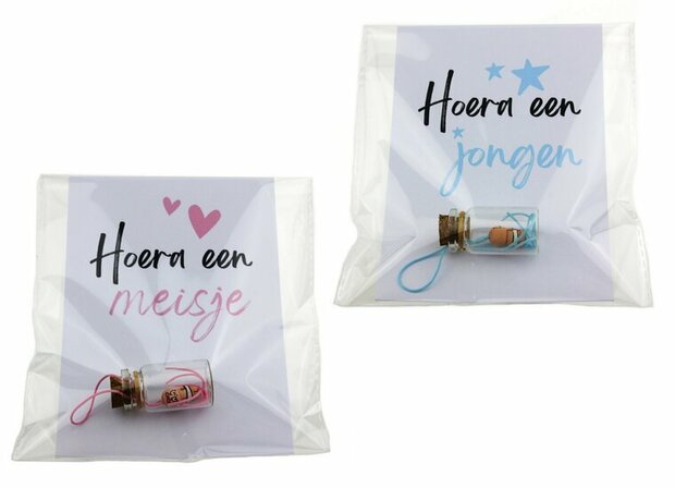 Geboortebedankjes hoera een jongen meisje geluksflesje met gelukspoppetje baby