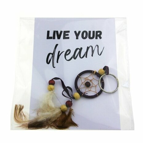 Gelukszakje kaart live your dream sleutelhanger dromenvanger